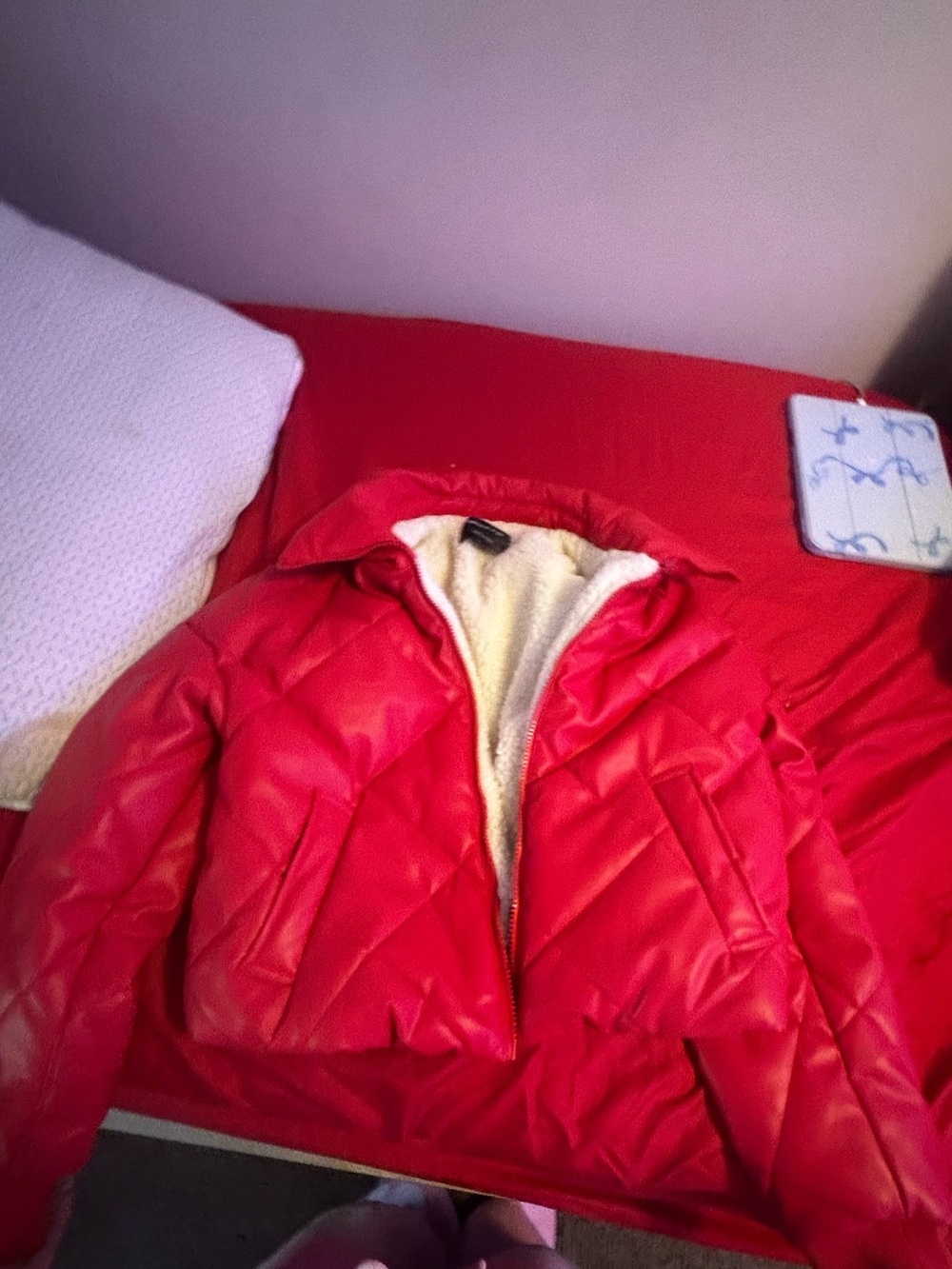 Women's Red Puffer Jacket with Sherpa Interior